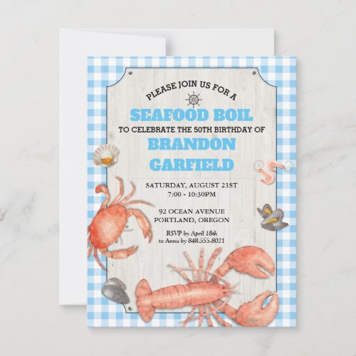 Seafood Boil Blue Gingham and Wood Party Invitation