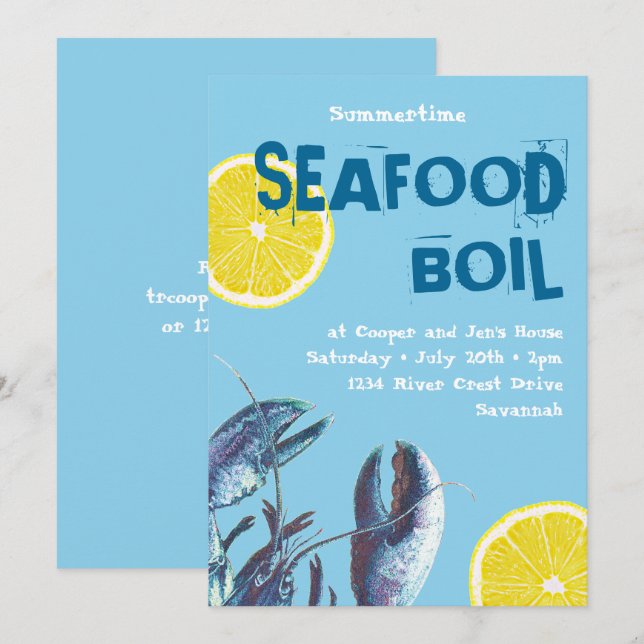 Seafood Boil Blue Lobster and Lemon Invitation (Front/Back)