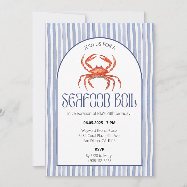 Seafood Boil Crab Watercolor Birthday Invite (Front)