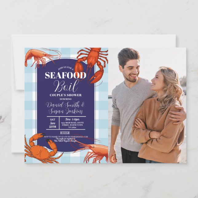Seafood Boil Engagement Party Photo Navy Lobster Invitation (Front)