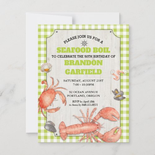 Seafood Boil Green Gingham and Wood Party Invitation