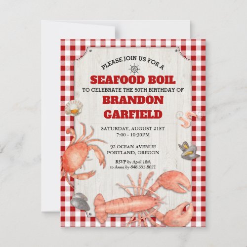 Seafood Boil Red Gingham and Wood Party Invitation