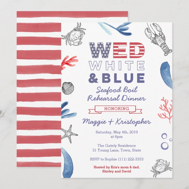 Seafood Boil Rehearsal Dinner, Red White Blue Invitation (Front/Back)