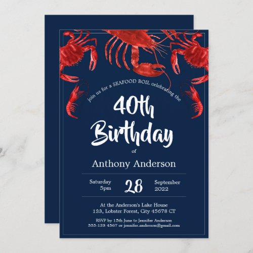 Seafood Boil Unique Red Dark Blue Birthday Party Invitation