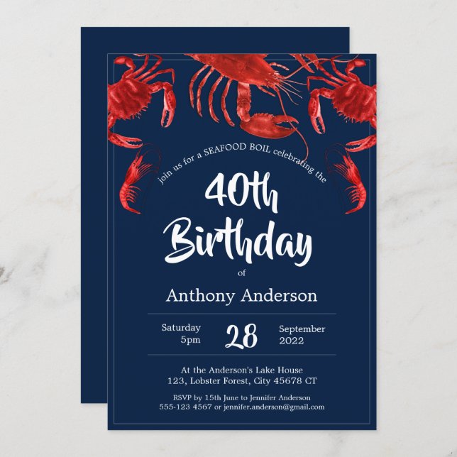 Seafood Boil Unique Red Dark Blue Birthday Party Invitation (Front/Back)