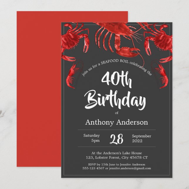 Seafood Boil Unique Red Dark Gray Birthday Party Invitation (Front/Back)