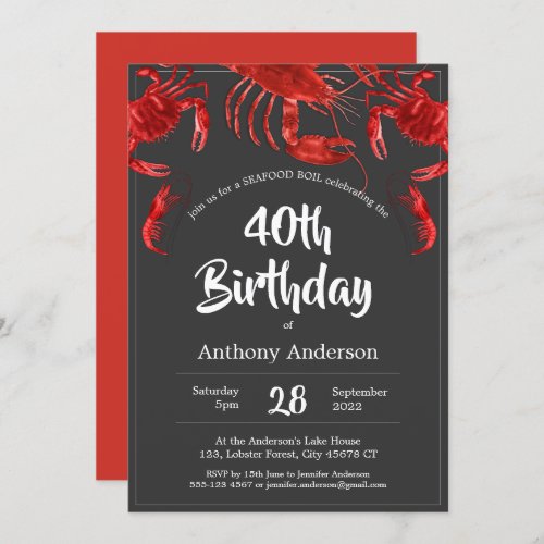 Seafood Boil Unique Red Dark Gray Birthday Party Invitation