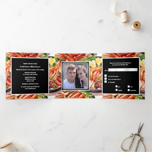 Seafood broil paella dinner rehearsal party Tri_Fold invitation