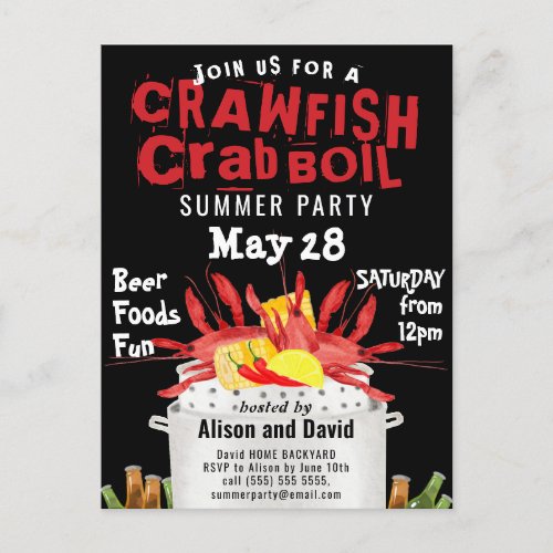 Seafood Crab Crawfish Boil Summer Party Invitation Postcard