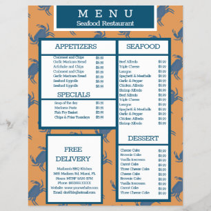 Seafood Crab Grill Restaurant Menu Flyer