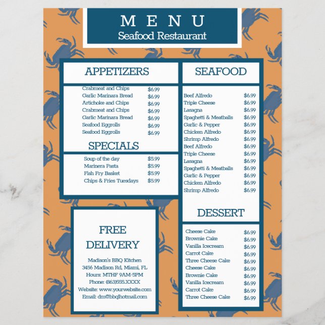 Seafood Crab Grill Restaurant Menu Flyer (Front)