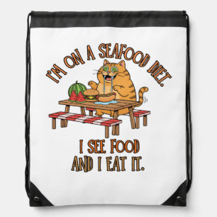 Seafood Diet Joke – Hungry Cat with Hot Dog Drawstring Bag