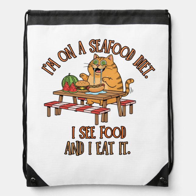 Seafood Diet Joke – Hungry Cat with Hot Dog Drawstring Bag (Front)