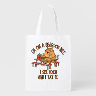 Seafood Diet Joke – Hungry Cat with Hot Dog Grocery Bag