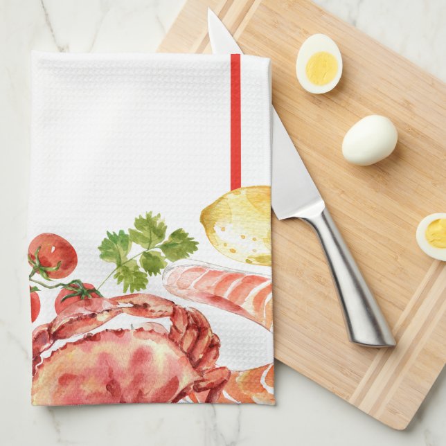 Seafood Feast Red Stripe Kitchen Towel (Quarter Fold)