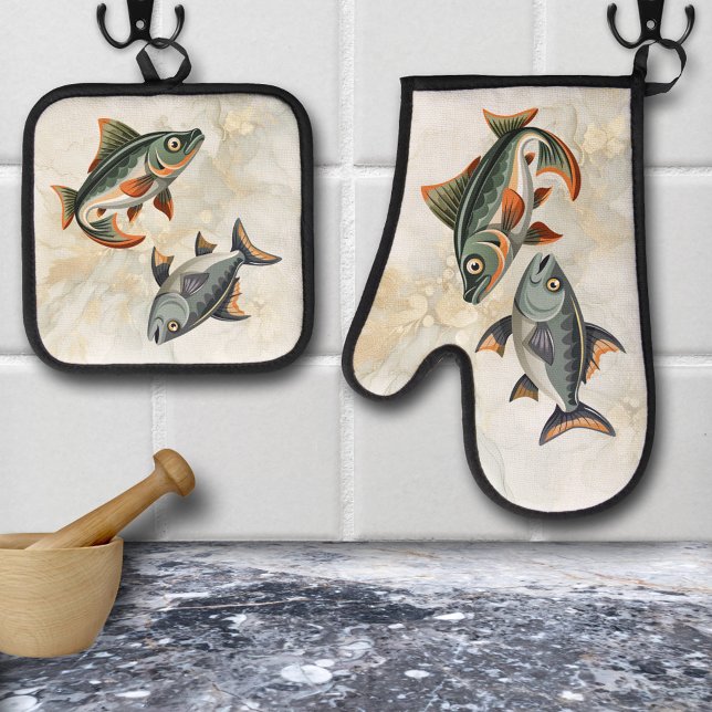 Seafood Fish Nautical  Oven Mitt & Pot Holder Set (Cute oven mitt and pot holder set featuring fishes - seafood - beach house - chef )