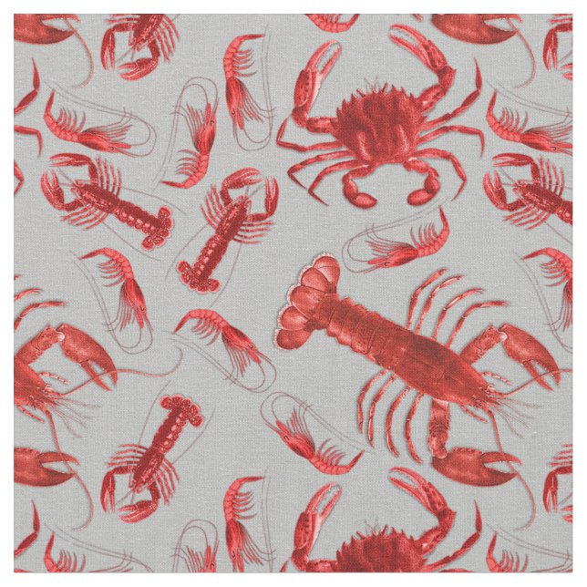 Seafood Pattern Crawfish Lobster Rustic Light Gray Fabric (Close Up)