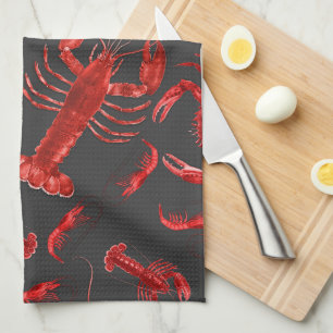 Seafood Pattern Dark Gray Rustic Crawfish Lobster Kitchen Towel