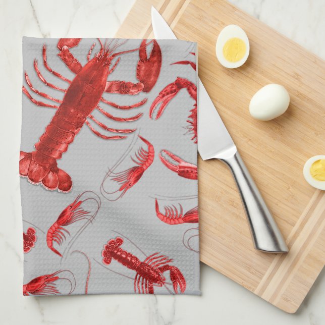 Seafood Pattern Light Gray Rustic Crawfish Lobster Kitchen Towel (Quarter Fold)