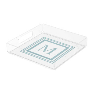 Seaglass and white  square border monogram acrylic tray