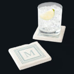 Seaglass and white  square border monogram stone coaster<br><div class="desc">Clean,  modern white background with double ribbon square border design and customizable monogram in the center. Double sided design. Personalization options available for select products</div>