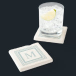 Seaglass and white  square border monogram stone coaster<br><div class="desc">Clean,  modern white background with double ribbon square border design and customizable monogram in the center. Double sided design. Personalization options available for select products</div>