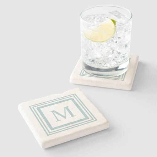 Seaglass and white  square border monogram stone coaster