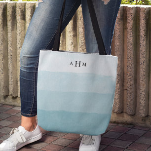 Seaglass Aqua Watercolor Ombre Monogram Tote Bag