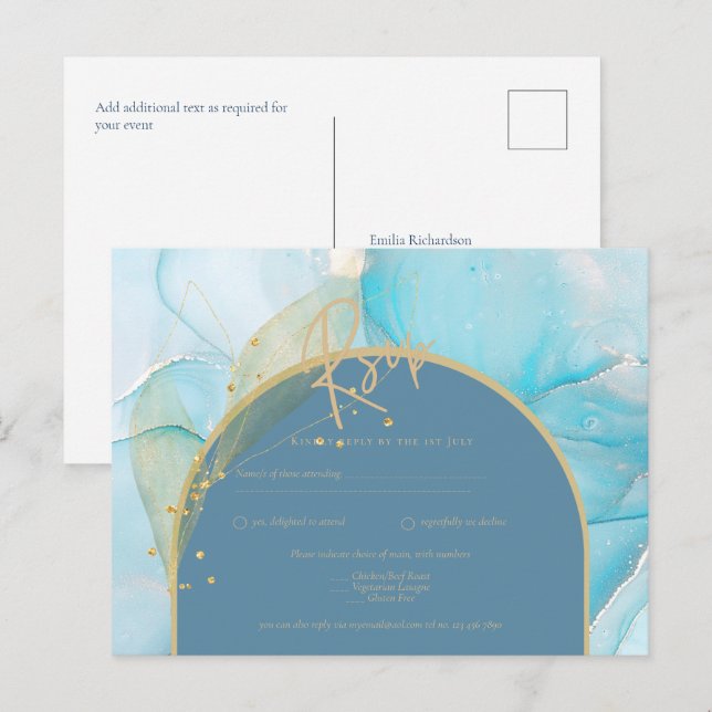 Seaglass INK Teal Aqua Blue Gold Wedding RSVP Postcard (Front/Back)