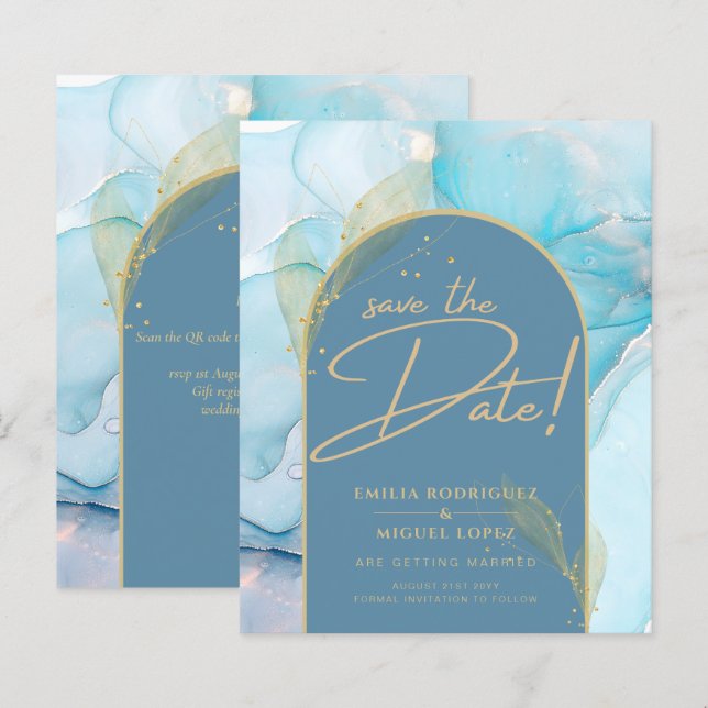 Seaglass INK Teal Aqua Blue Gold Wedding Save Date (Front/Back)