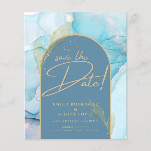 Seaglass INK Teal Aqua Blue Gold Wedding Save Date Flyer (Front)