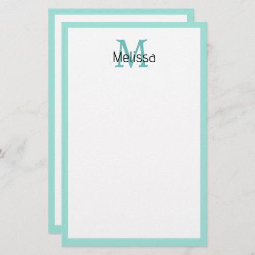 Seaglass Sea Green Border Monogram Name Initial Stationery