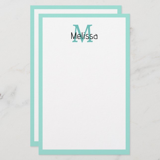 Seaglass Sea Green Border Monogram Name Initial Stationery (Front/Back)