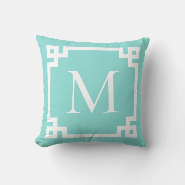 Seaglass Teal and White Monogram Greek Key Border Throw Pillow (Front)