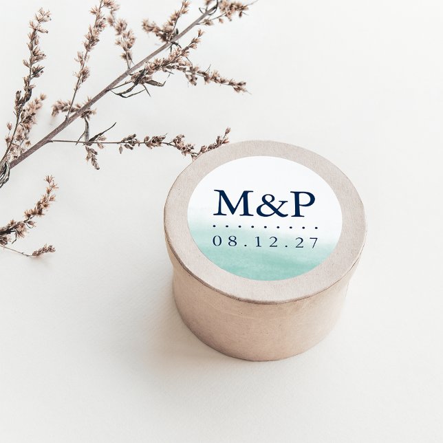 Seaglass Tides Wedding Monogram Classic Round Sticker (Creator Uploaded)