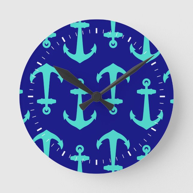 Seagreen Anchor On White Coastal Pattern Decor Round Clock (Front)