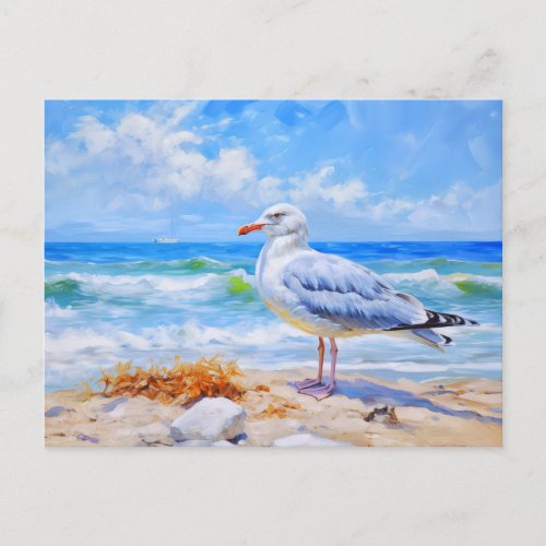 Seagul on beach of baltic sea impressionistic art postcard