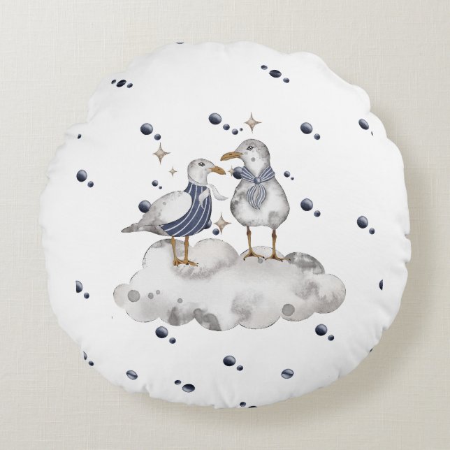 Seagull Adventure Baby – Nautical Nursery Round Pillow (Front)