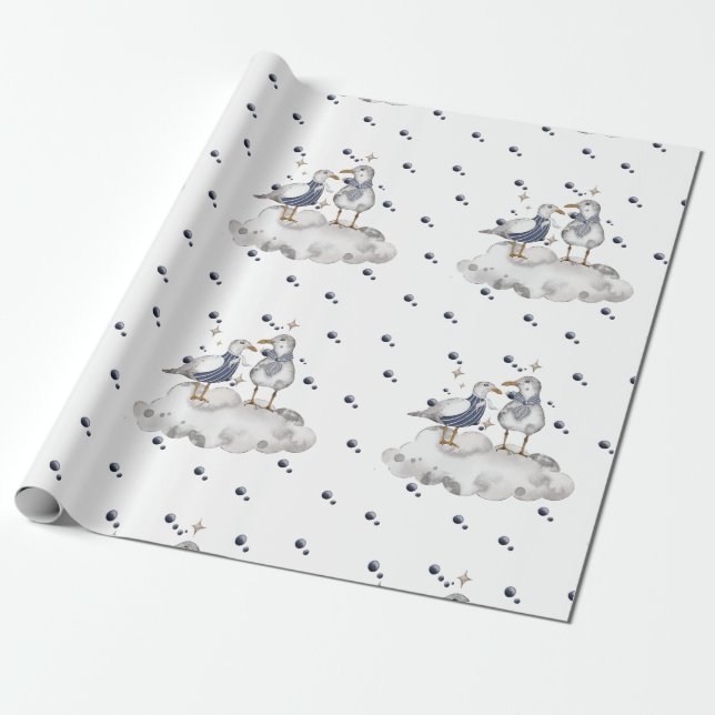 Seagull Adventure Baby | Nautical Ocean Themed Wrapping Paper (Unrolled)