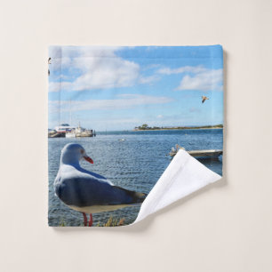 Seagull And Boats On Ocean, Washcloth