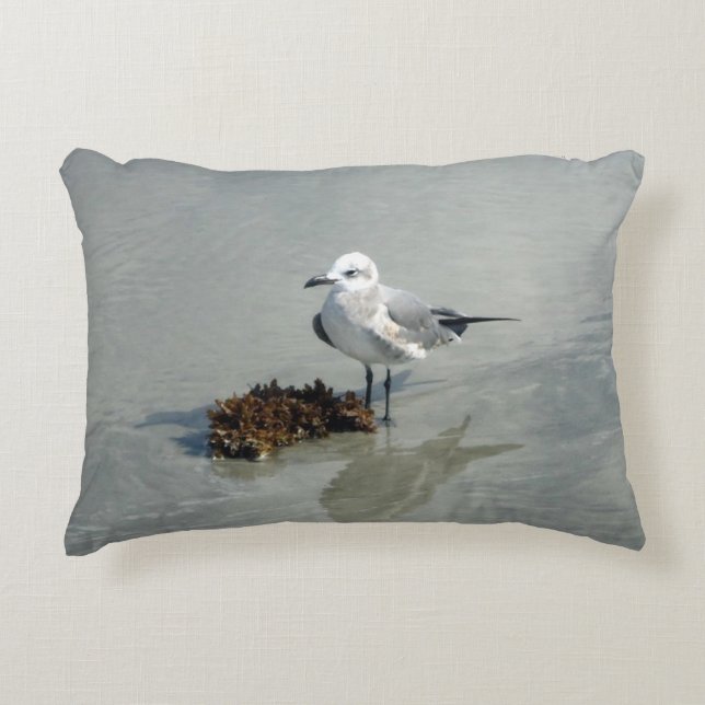 Seagull and Seaweed on Beach Accent Pillow (Front)