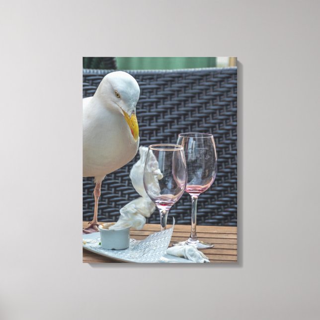 Seagull and wine glasses view canvas print (Front)