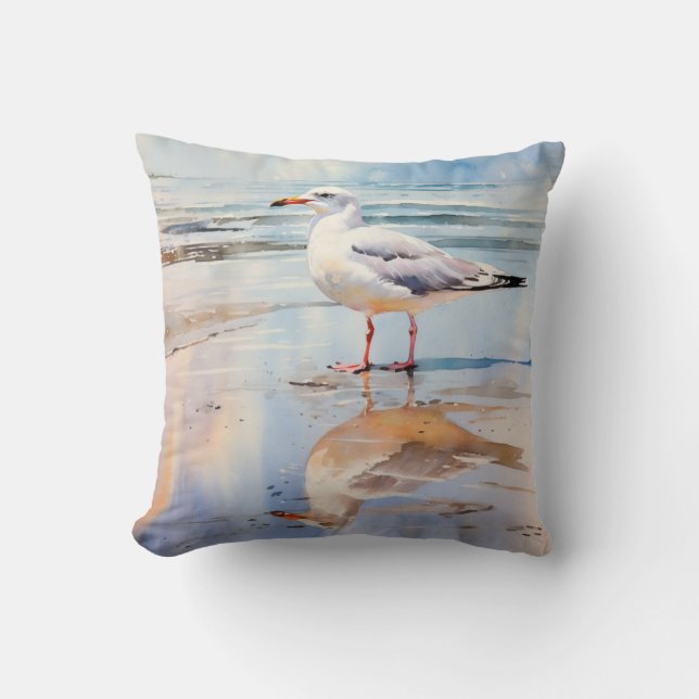 Seagull at Beach Throw Pillow (Front)