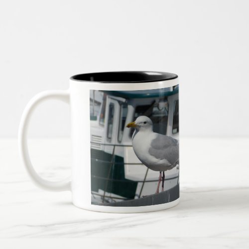 seagull at dock Two_Tone coffee mug