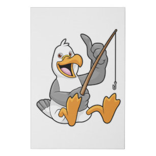 Seagull at Fishing with Fishing rod Faux Canvas Print