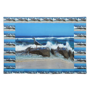 Seagull At The Beach On Rocks, Cloth Placemat