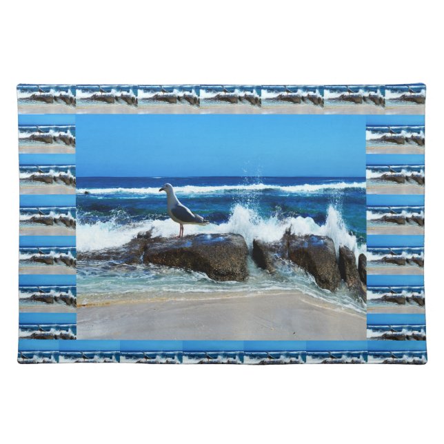 Seagull At The Beach On Rocks, Cloth Placemat (Front)