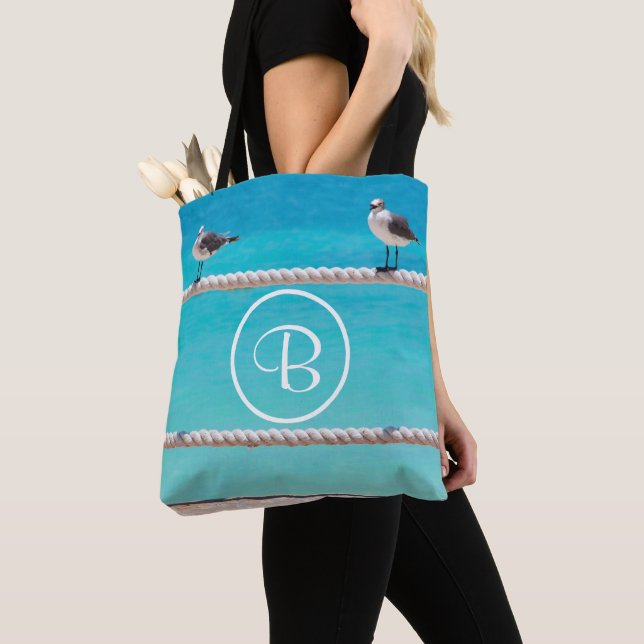 Seagull beach birds ocean photo custom monogram tote bag (Close Up)
