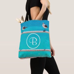 Seagull beach birds ocean photo monogram script tote bag