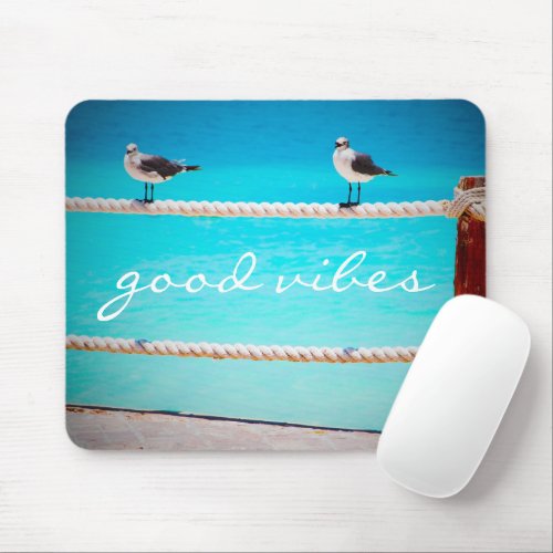 Seagull Beach Birds Photo Good Vibes Quote Script Mouse Pad